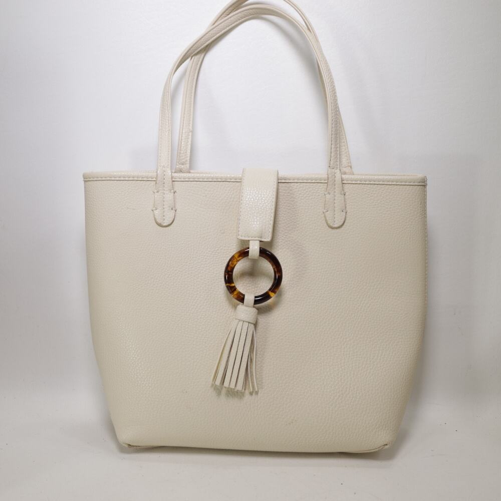 Classic Tote Handbag Women M Ivory Faux Pebble Leather Purse Shoulder Bag Tassel